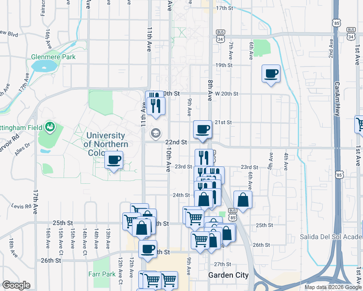 map of restaurants, bars, coffee shops, grocery stores, and more near 916 22nd Street in Greeley