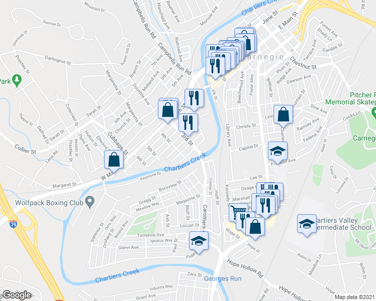 map of restaurants, bars, coffee shops, grocery stores, and more near 308 1st Avenue in Carnegie