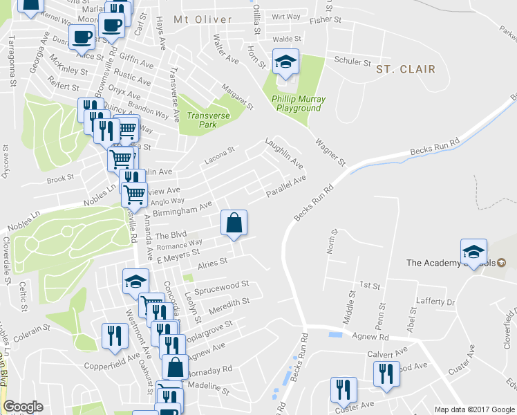map of restaurants, bars, coffee shops, grocery stores, and more near 340 Parallel Ave in Pittsburgh