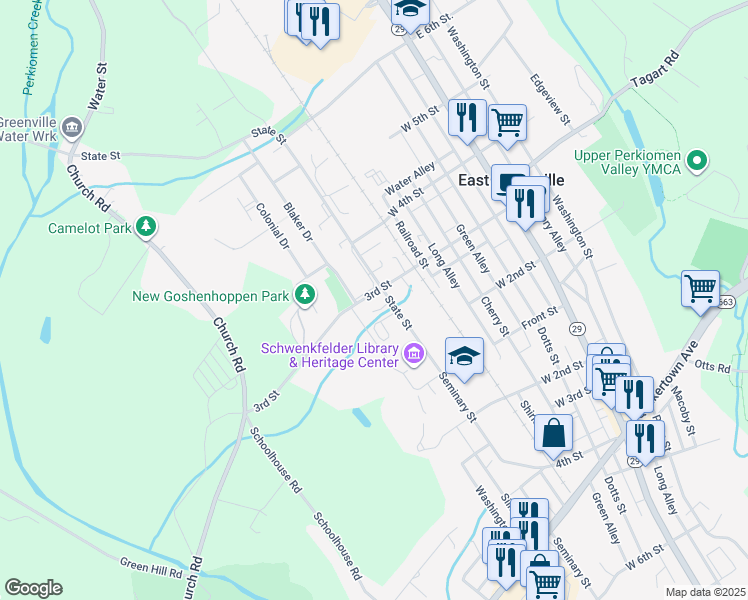 map of restaurants, bars, coffee shops, grocery stores, and more near 127 3rd Street in East Greenville