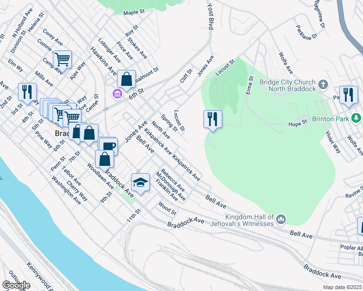 map of restaurants, bars, coffee shops, grocery stores, and more near 1025 North Avenue in Braddock