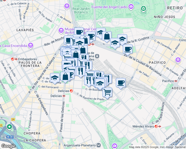 map of restaurants, bars, coffee shops, grocery stores, and more near 40 Calle del Áncora in Madrid