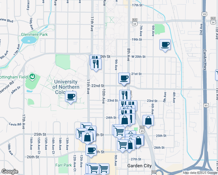 map of restaurants, bars, coffee shops, grocery stores, and more near 916 22nd Street in Greeley