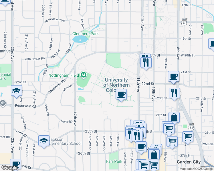 map of restaurants, bars, coffee shops, grocery stores, and more near in Greeley
