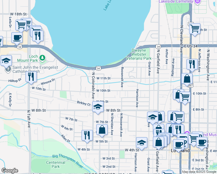 map of restaurants, bars, coffee shops, grocery stores, and more near 737 West 10th Street in Loveland
