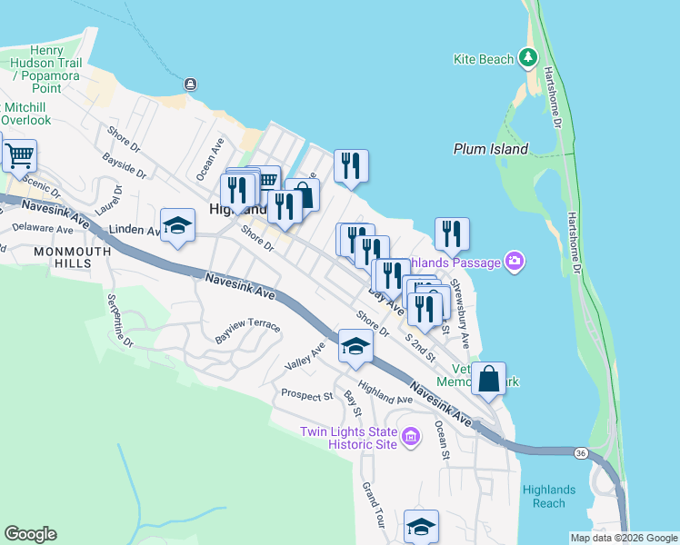 map of restaurants, bars, coffee shops, grocery stores, and more near 215 Bay Avenue in Highlands