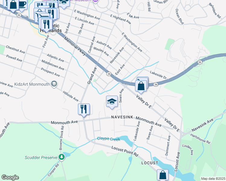 map of restaurants, bars, coffee shops, grocery stores, and more near Columbia Avenue in Atlantic Highlands