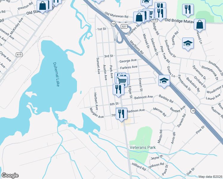 map of restaurants, bars, coffee shops, grocery stores, and more near 198 Austin Avenue in Old Bridge