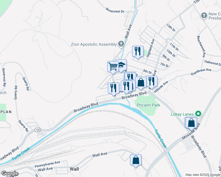 map of restaurants, bars, coffee shops, grocery stores, and more near 385 3rd Street in Pitcairn
