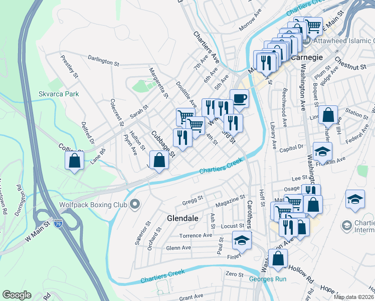 map of restaurants, bars, coffee shops, grocery stores, and more near 523 West Main Street in Carnegie
