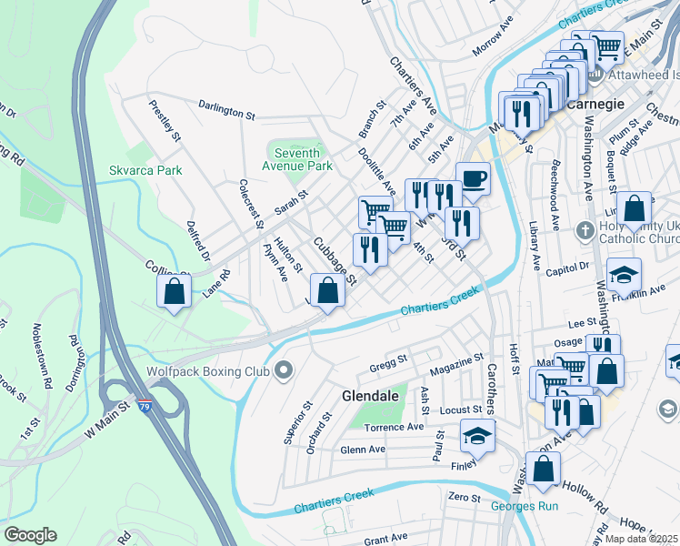 map of restaurants, bars, coffee shops, grocery stores, and more near 409 Cubbage Street in Carnegie