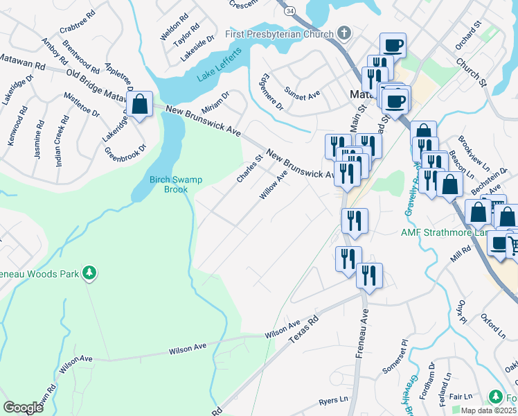 map of restaurants, bars, coffee shops, grocery stores, and more near 27 Willow Avenue in Matawan