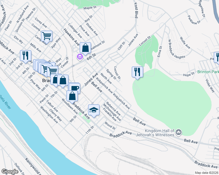 map of restaurants, bars, coffee shops, grocery stores, and more near 1005 Kirkpatrick Avenue in Braddock