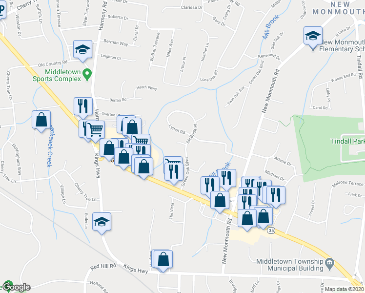 map of restaurants, bars, coffee shops, grocery stores, and more near 2 Beth Drive in Middletown