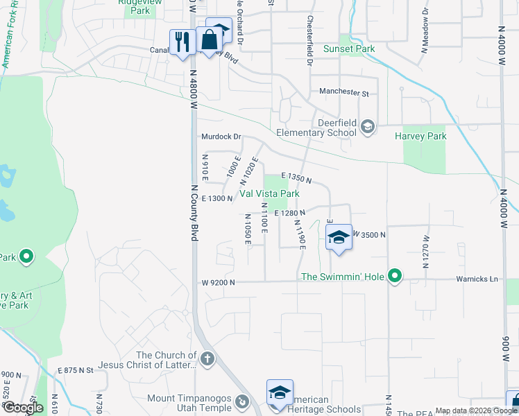 map of restaurants, bars, coffee shops, grocery stores, and more near 1095 East 1280 North in American Fork