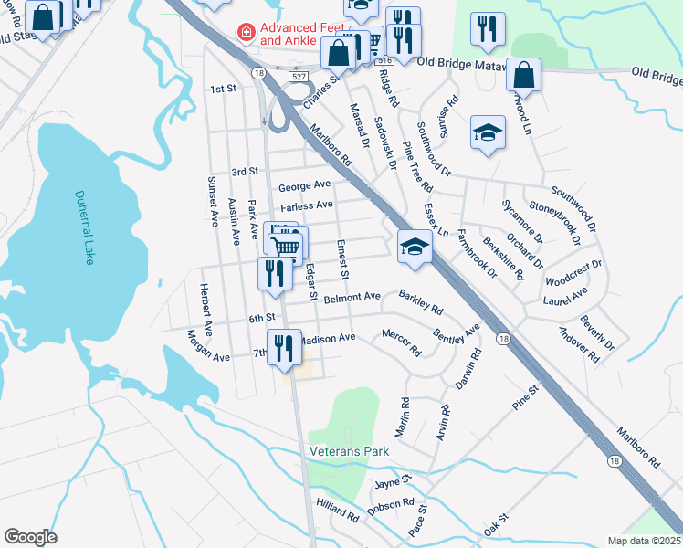 map of restaurants, bars, coffee shops, grocery stores, and more near 70 Gordon Avenue in Old Bridge