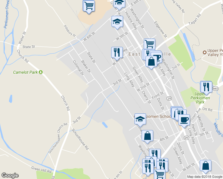 map of restaurants, bars, coffee shops, grocery stores, and more near 500 3rd Street in East Greenville