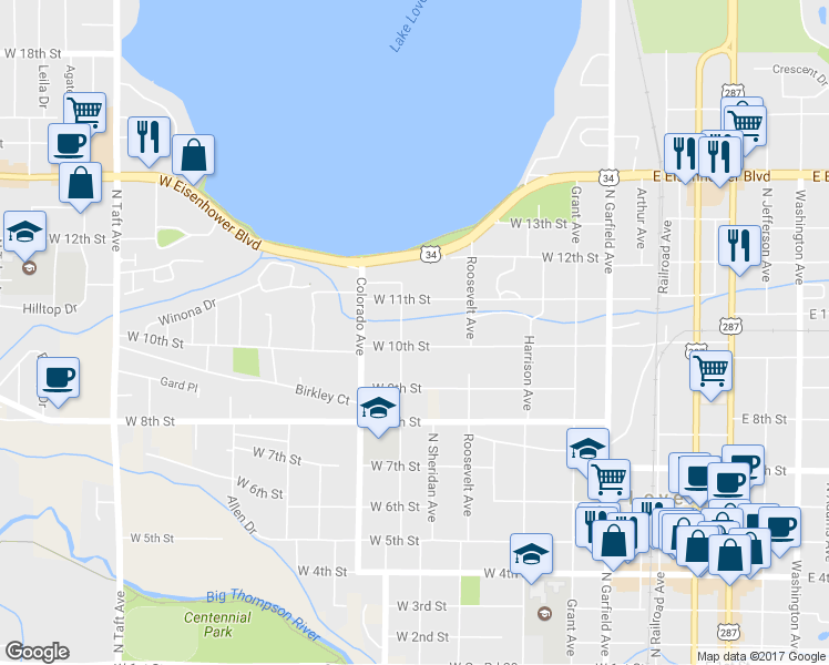 map of restaurants, bars, coffee shops, grocery stores, and more near 737 West 10th Street in Loveland