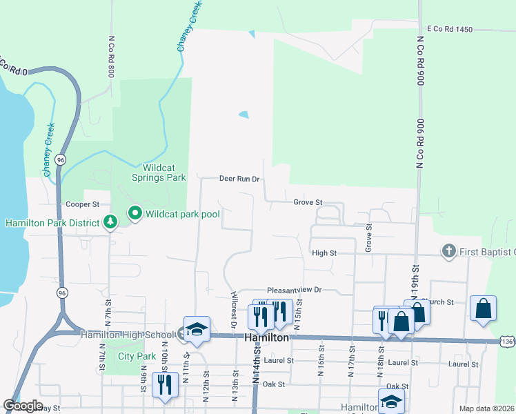 map of restaurants, bars, coffee shops, grocery stores, and more near 308 Hillcrest Drive in Hamilton