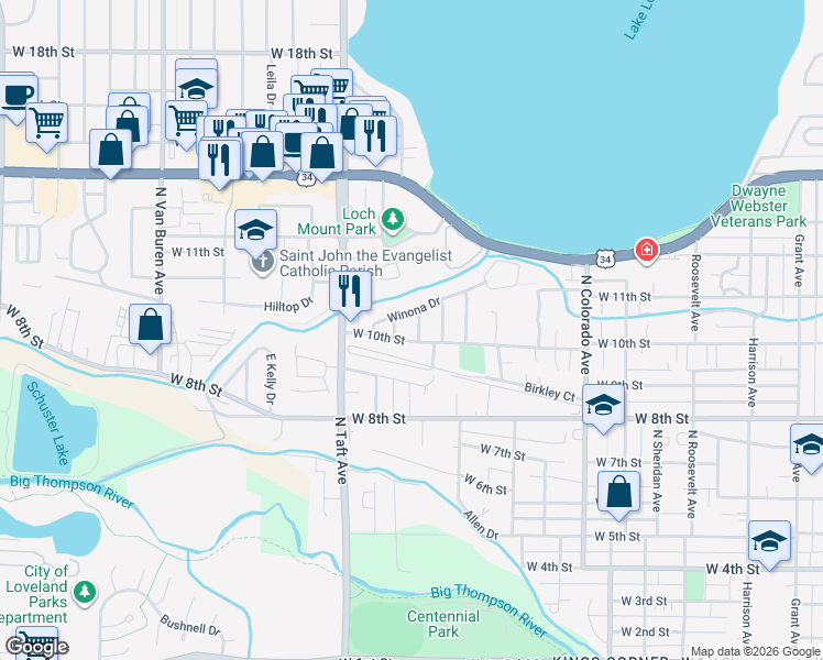 map of restaurants, bars, coffee shops, grocery stores, and more near 1004 Timpke Court in Loveland