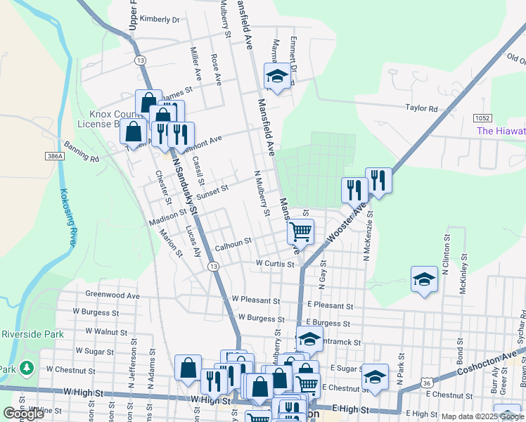 map of restaurants, bars, coffee shops, grocery stores, and more near 913 North Mulberry Street in Mount Vernon