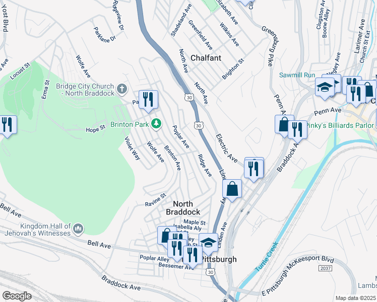 map of restaurants, bars, coffee shops, grocery stores, and more near 1545 Grandview Avenue in Braddock