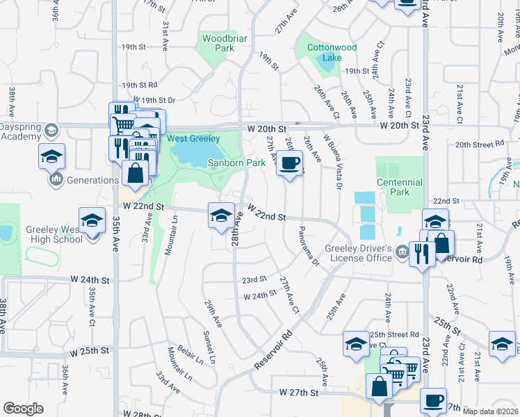 map of restaurants, bars, coffee shops, grocery stores, and more near 2717 West 22nd Street in Greeley