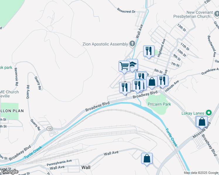 map of restaurants, bars, coffee shops, grocery stores, and more near 203 Short Street in Pitcairn