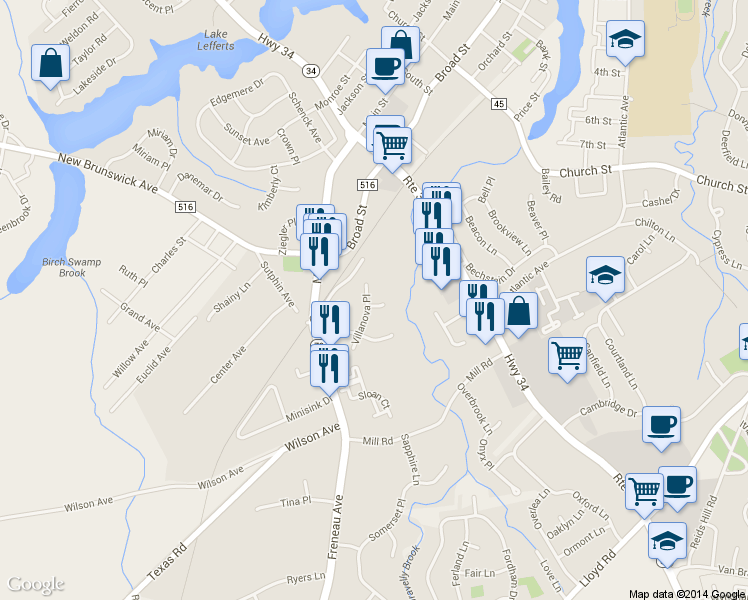 map of restaurants, bars, coffee shops, grocery stores, and more near 205 Villanova Place in Matawan