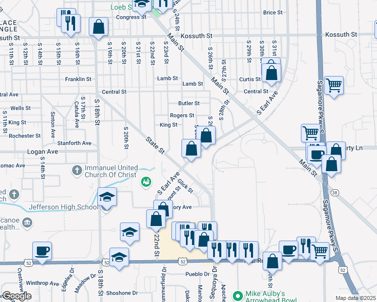 map of restaurants, bars, coffee shops, grocery stores, and more near 2450 South Earl Avenue in Lafayette