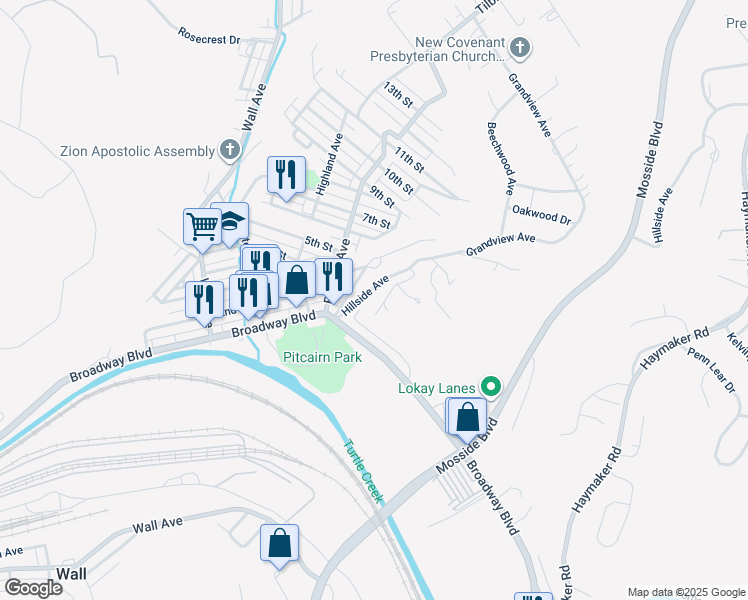 map of restaurants, bars, coffee shops, grocery stores, and more near 219 Hillside Avenue in Pitcairn