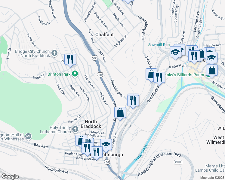 map of restaurants, bars, coffee shops, grocery stores, and more near 1580 Electric Avenue in East Pittsburgh
