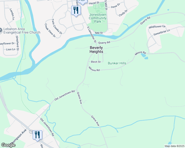 map of restaurants, bars, coffee shops, grocery stores, and more near 450 South Lancaster Street in Lebanon