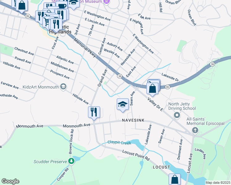 map of restaurants, bars, coffee shops, grocery stores, and more near 96 East Avenue in Atlantic Highlands