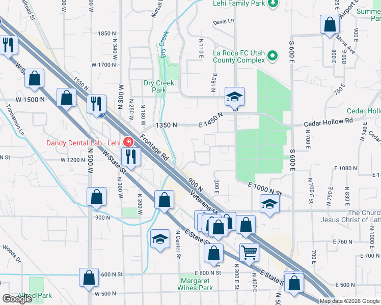 map of restaurants, bars, coffee shops, grocery stores, and more near 1261 North 100 East in Lehi