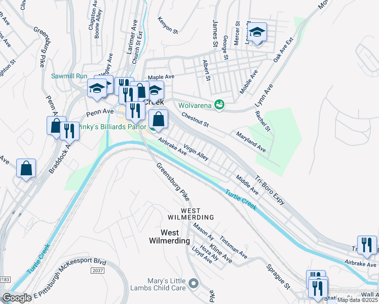 map of restaurants, bars, coffee shops, grocery stores, and more near 1201 Airbrake Ave in Turtle Creek