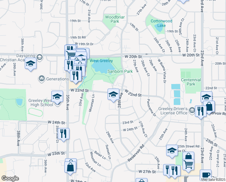 map of restaurants, bars, coffee shops, grocery stores, and more near 2837 West 22nd Street Road in Greeley