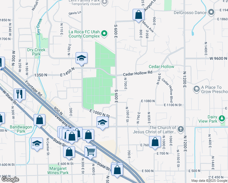 map of restaurants, bars, coffee shops, grocery stores, and more near 1201 North 600 East Street in Lehi