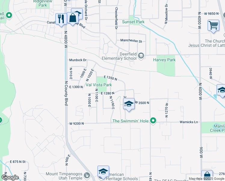map of restaurants, bars, coffee shops, grocery stores, and more near 1294 North 1190 East in American Fork