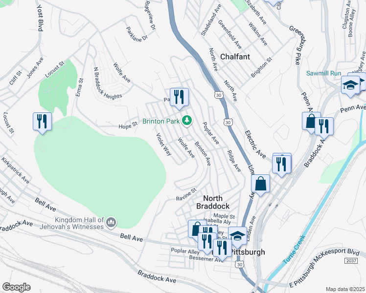 map of restaurants, bars, coffee shops, grocery stores, and more near 1518 Wolfe Avenue in Braddock