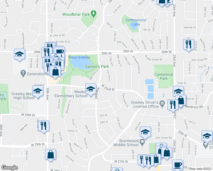 map of restaurants, bars, coffee shops, grocery stores, and more near 2166 27th Avenue Court in Greeley