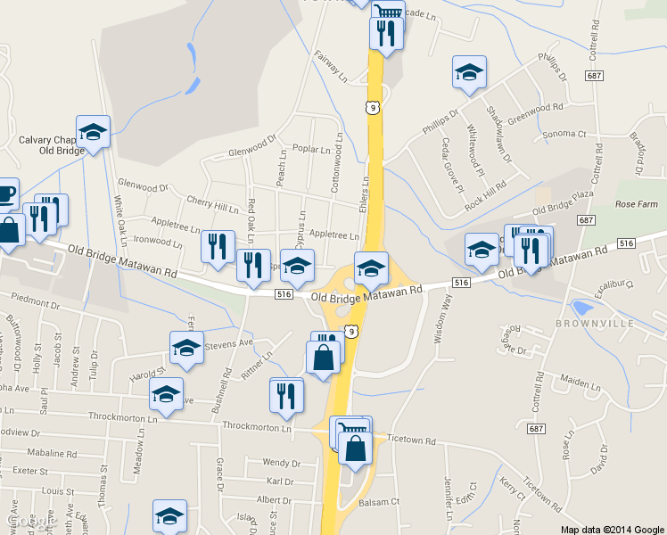 map of restaurants, bars, coffee shops, grocery stores, and more near 35 Spruce Lane in Old Bridge Township