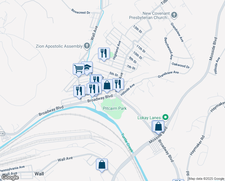 map of restaurants, bars, coffee shops, grocery stores, and more near 114 Highland Avenue in Pitcairn