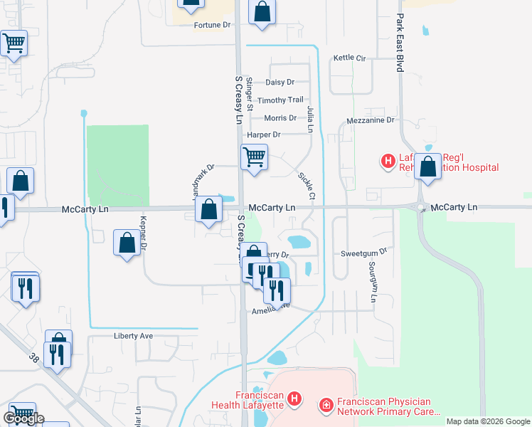 map of restaurants, bars, coffee shops, grocery stores, and more near 1-99 Emerald Pines Ct in Lafayette