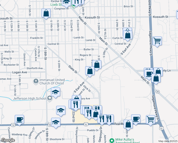 map of restaurants, bars, coffee shops, grocery stores, and more near 2450 South Earl Avenue in Lafayette