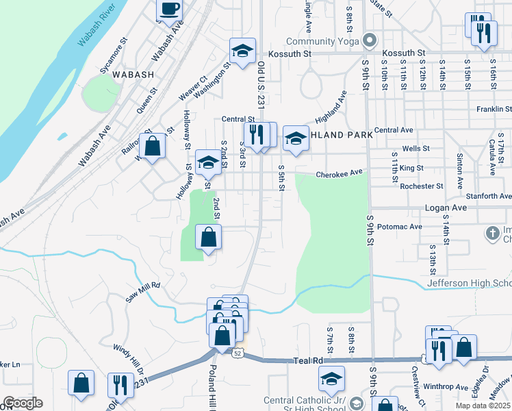 map of restaurants, bars, coffee shops, grocery stores, and more near 1508 South 4th Street in Lafayette