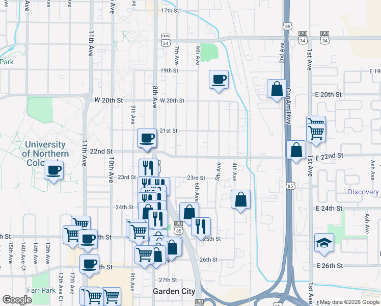 map of restaurants, bars, coffee shops, grocery stores, and more near 611 22nd Street in Greeley