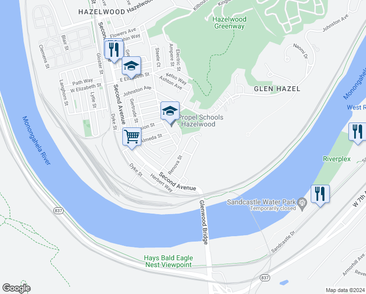map of restaurants, bars, coffee shops, grocery stores, and more near 307 Renova Street in Pittsburgh