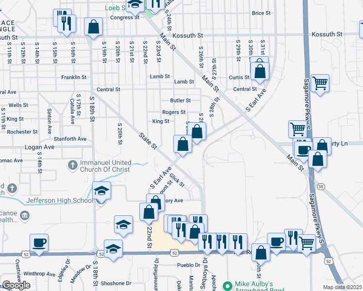 map of restaurants, bars, coffee shops, grocery stores, and more near 2450 South Earl Avenue in Lafayette