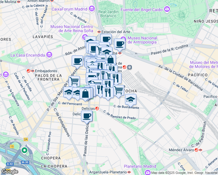 map of restaurants, bars, coffee shops, grocery stores, and more near 28 Calle del General Lacy in Madrid